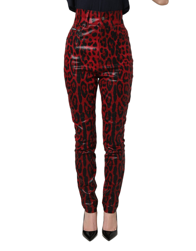Jeans skinny a vita alta in denim rosso leopardato Dolce & Gabbana