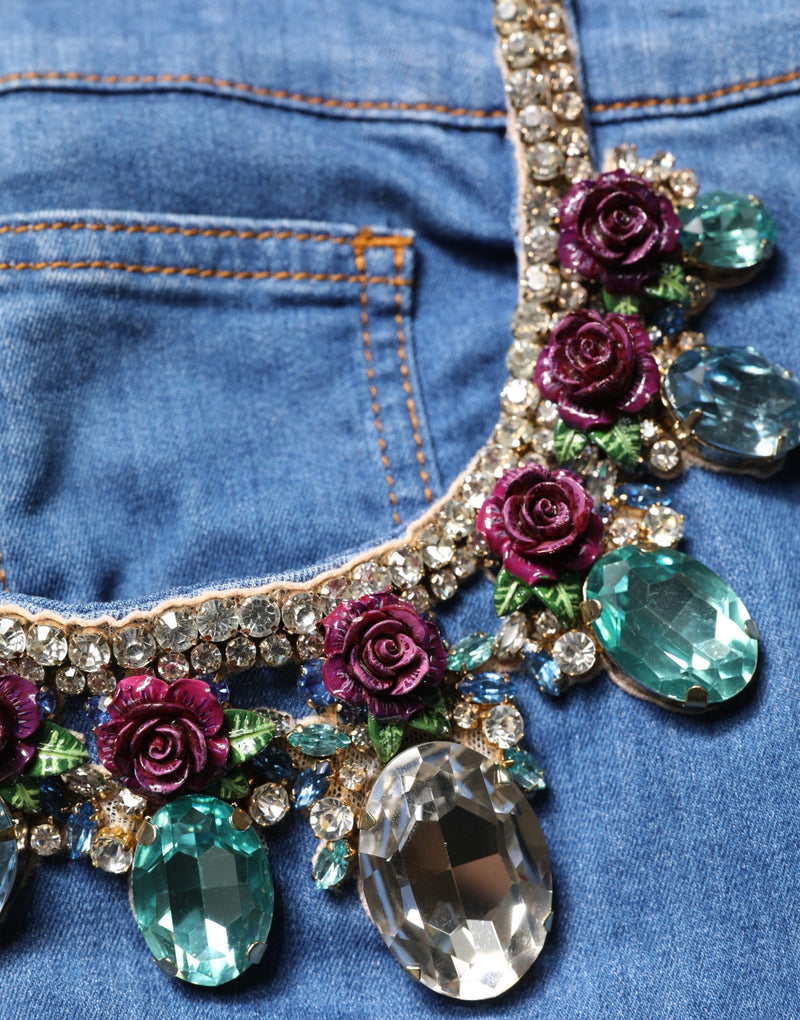 Dolce & Gabbana Shorts bermuda in denim di cotone blu con decorazioni