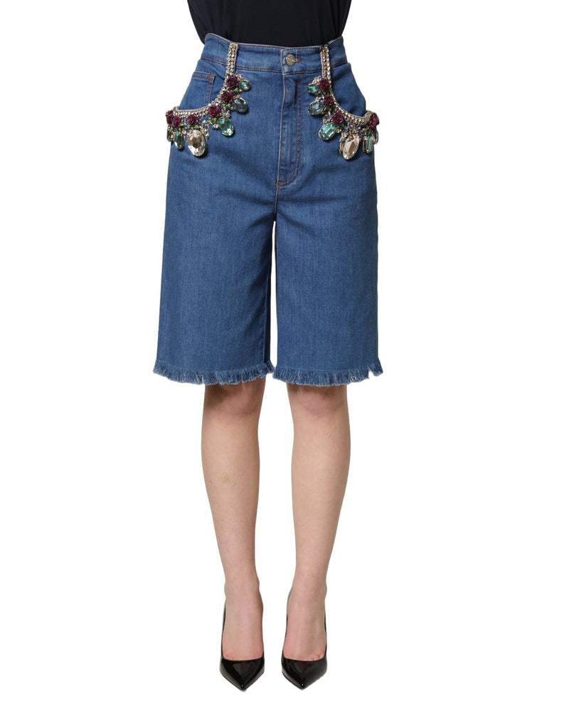 Dolce & Gabbana Shorts bermuda in denim di cotone blu con decorazioni