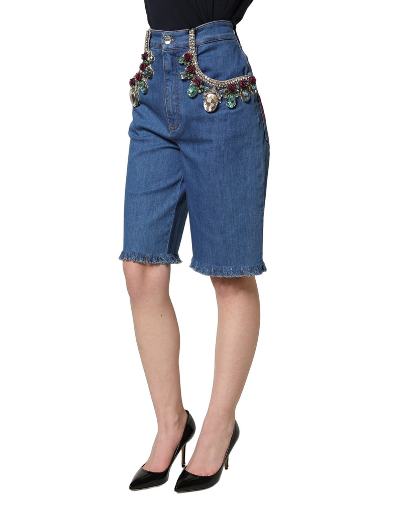 Dolce & Gabbana Shorts bermuda in denim di cotone blu con decorazioni