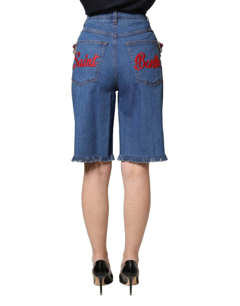 Dolce & Gabbana Shorts bermuda in denim di cotone blu con decorazioni