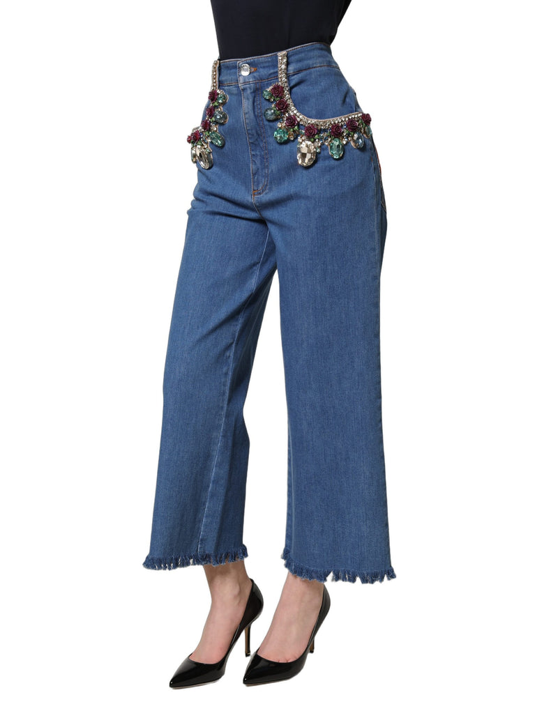 Jeans cropped amplo azul com aplicações Dolce & Gabbana
