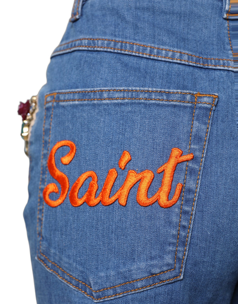 Jeans cropped amplo azul com aplicações Dolce & Gabbana