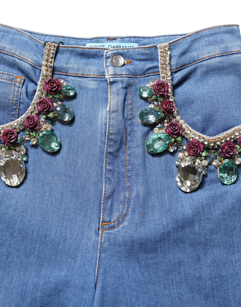 Jeans cropped amplo azul com aplicações Dolce & Gabbana