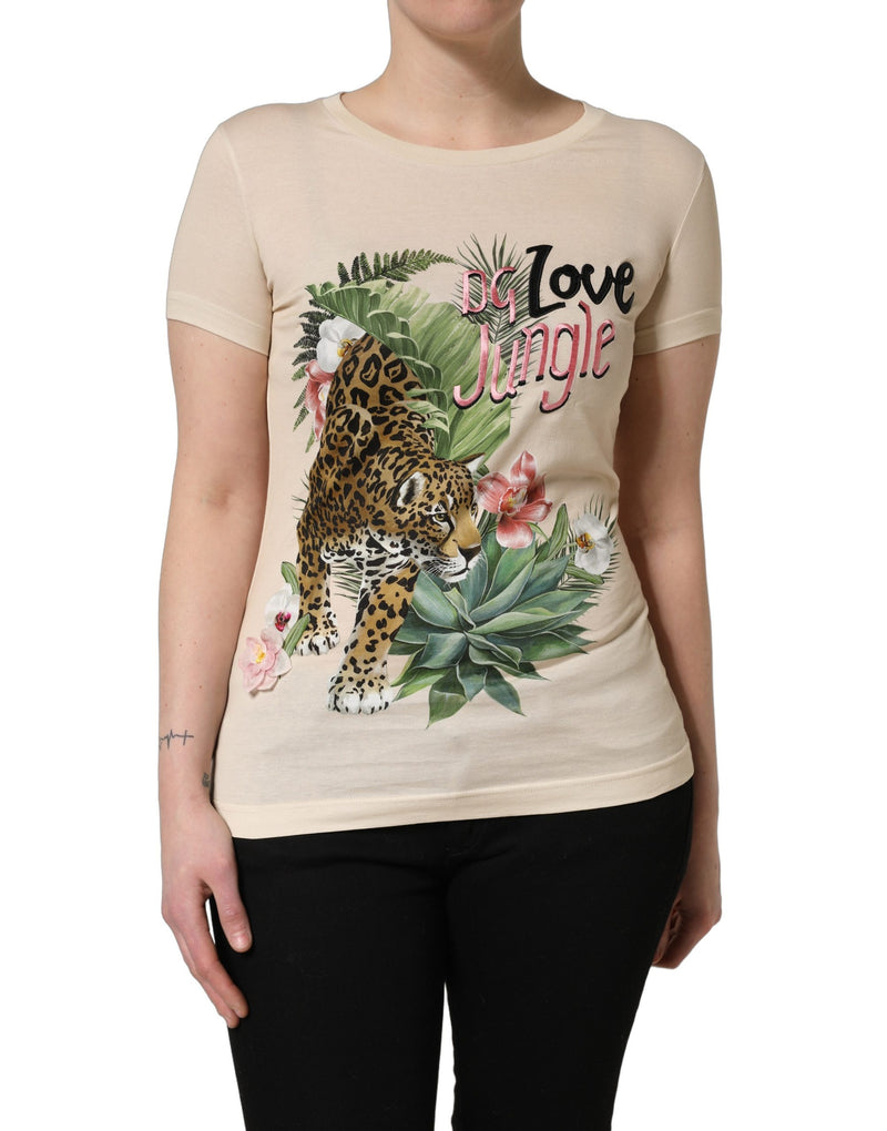 T-shirt beige en coton à col rond et imprimé jungle Dolce & Gabbana