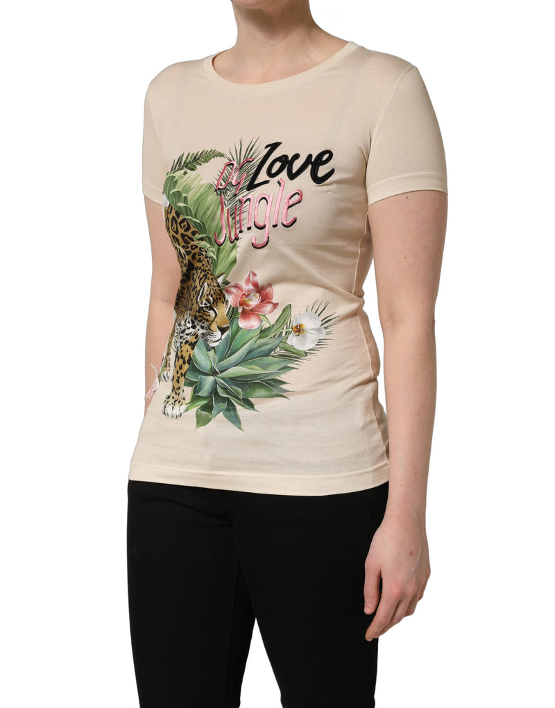 T-shirt beige en coton à col rond et imprimé jungle Dolce & Gabbana