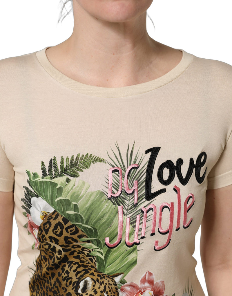 T-shirt beige en coton à col rond et imprimé jungle Dolce & Gabbana