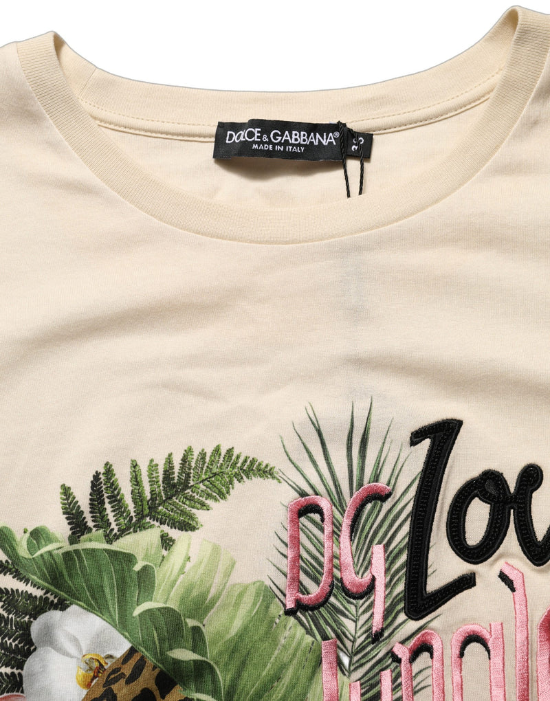 T-shirt beige en coton à col rond et imprimé jungle Dolce & Gabbana
