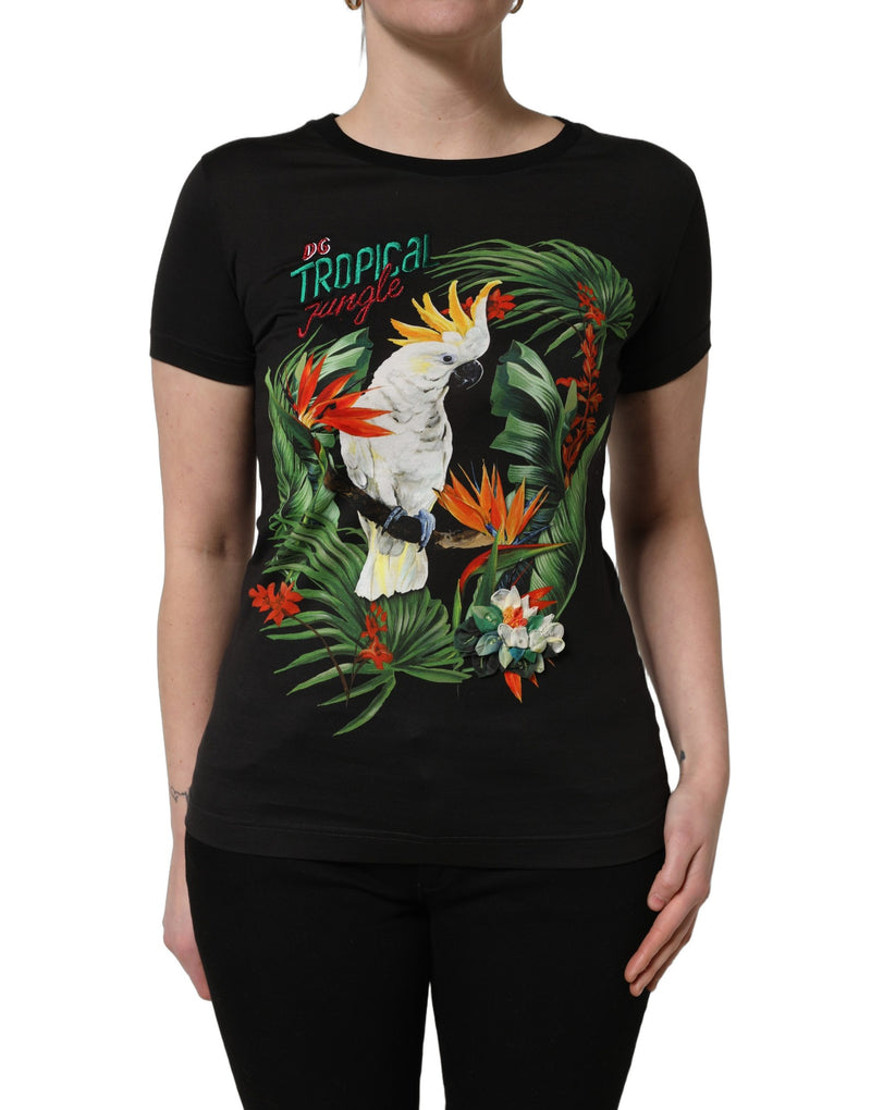 Dolce & Gabbana T-shirt girocollo in cotone nera con stampa tropicale