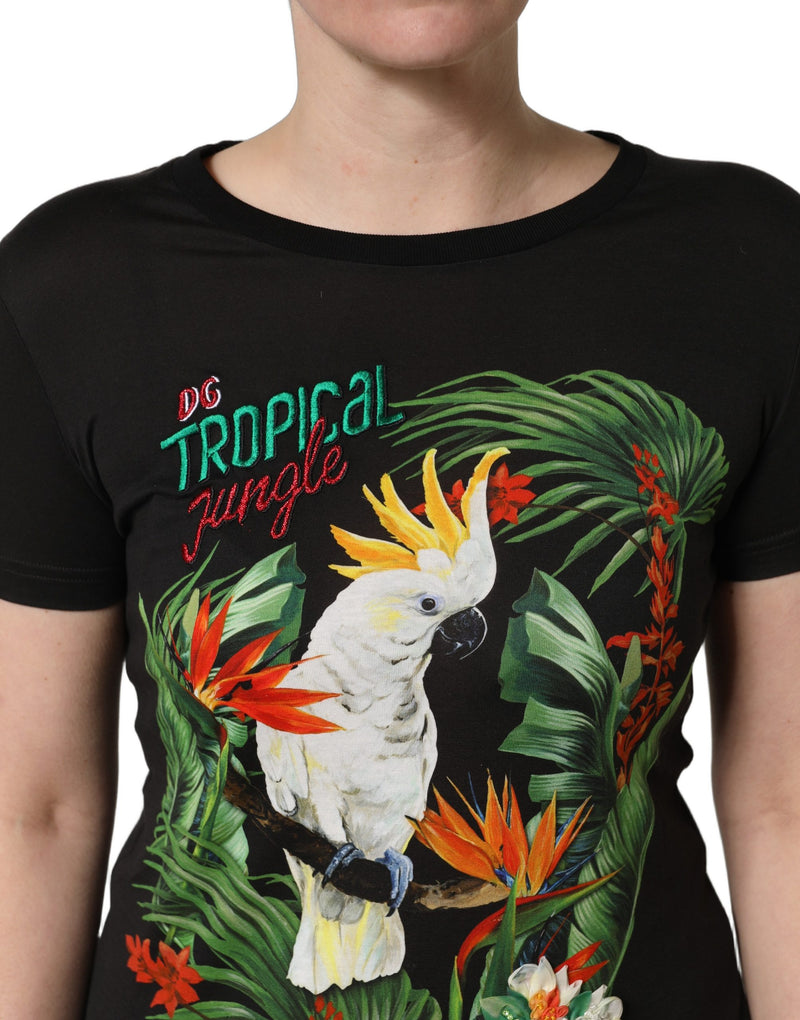Dolce & Gabbana T-shirt girocollo in cotone nera con stampa tropicale