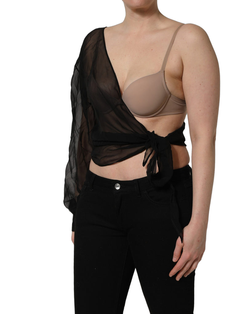 Top monospalla avvolgente in chiffon trasparente nero Dolce & Gabbana