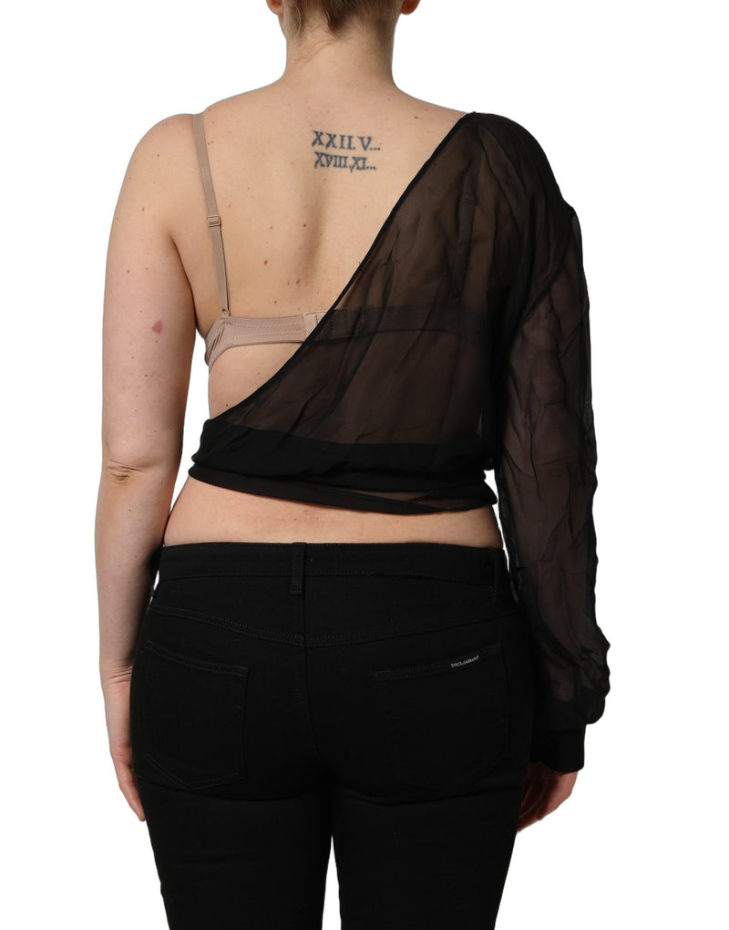 Top monospalla avvolgente in chiffon trasparente nero Dolce & Gabbana