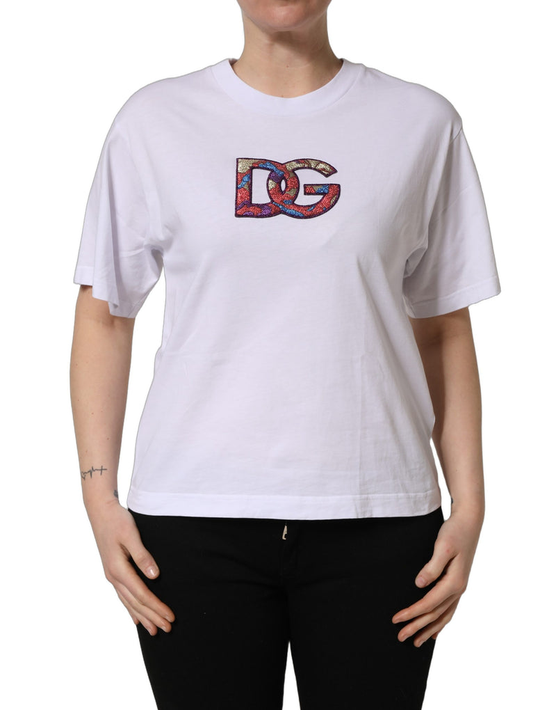 Camiseta blanca de algodón con parche del logotipo DG y cuello redondo de Dolce & Gabbana