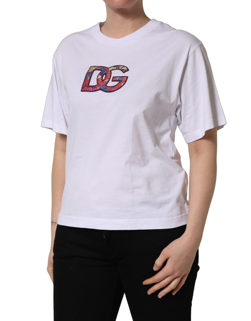 Camiseta blanca de algodón con parche del logotipo DG y cuello redondo de Dolce & Gabbana