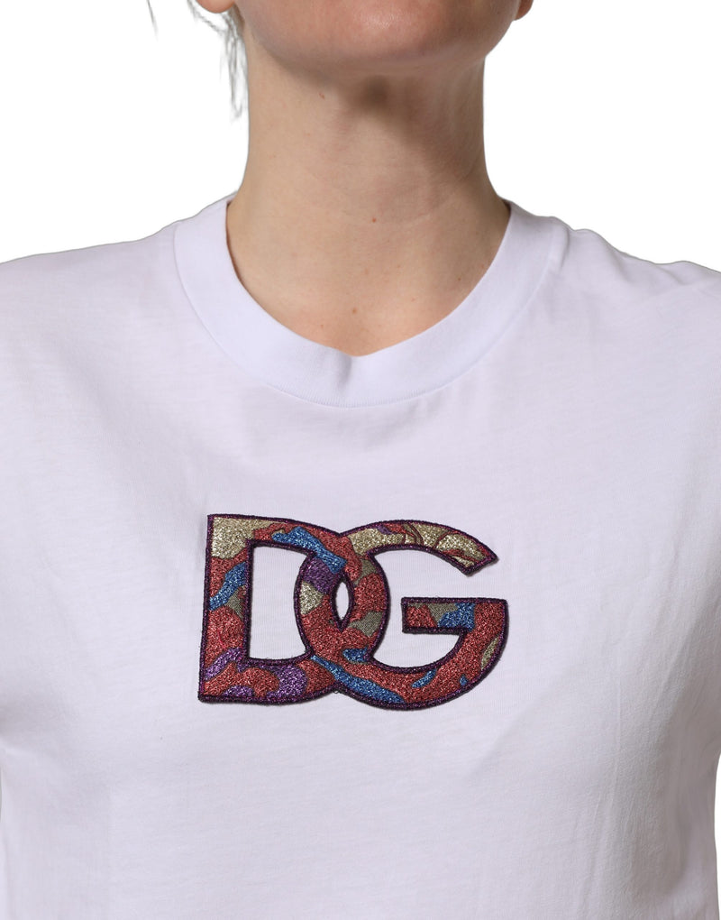 Camiseta blanca de algodón con parche del logotipo DG y cuello redondo de Dolce & Gabbana