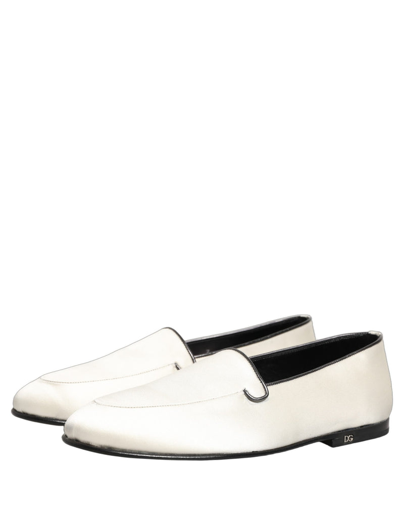 Dolce & Gabbana White Satin Logo Slip On Flats Loafers Shoes