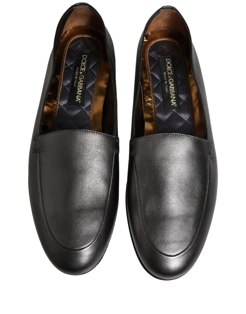 Dolce & Gabbana Silver Leather DG Logo Slip On Loafers Shoes