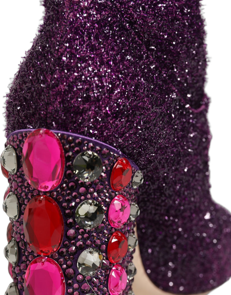 Botas altas Dolce & Gabbana de lúrex morado con cristales y estampado de fantasía