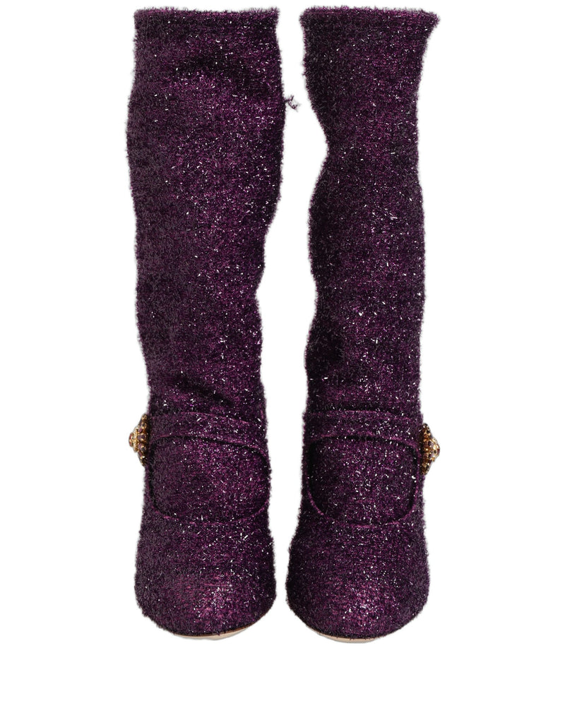 Botas altas Dolce & Gabbana de lúrex morado con cristales y estampado de fantasía