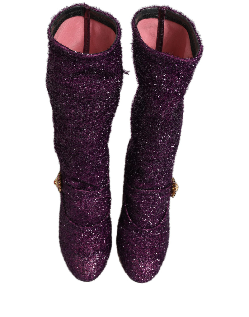 Botas altas Dolce & Gabbana de lúrex morado con cristales y estampado de fantasía
