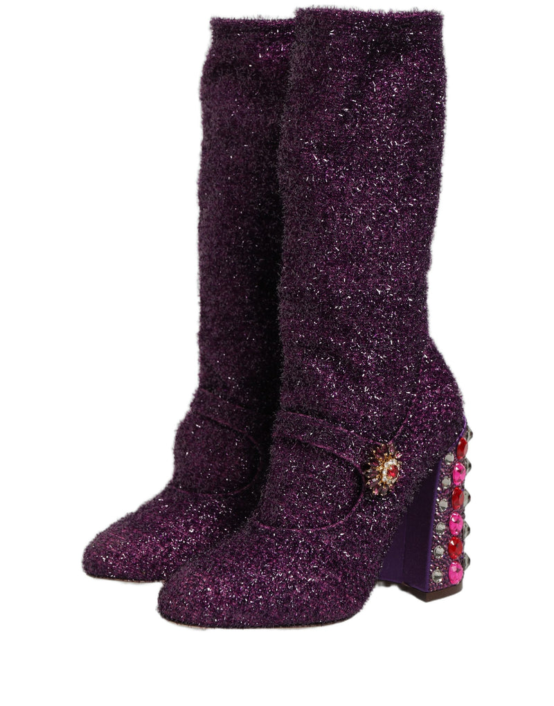 Botas altas Dolce & Gabbana de lúrex morado con cristales y estampado de fantasía