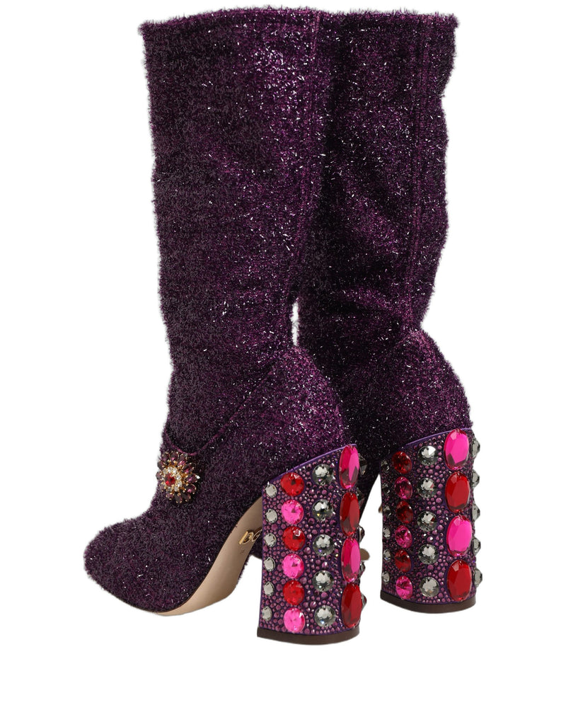 Botas altas Dolce & Gabbana de lúrex morado con cristales y estampado de fantasía