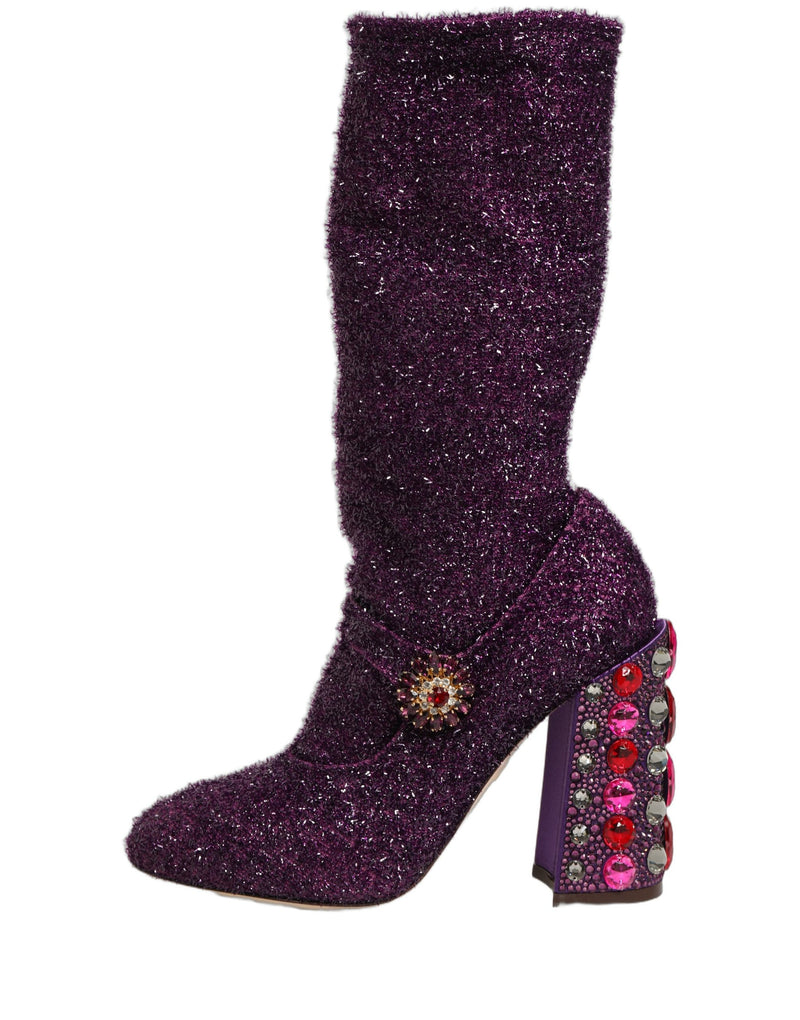 Botas altas Dolce & Gabbana de lúrex morado con cristales y estampado de fantasía