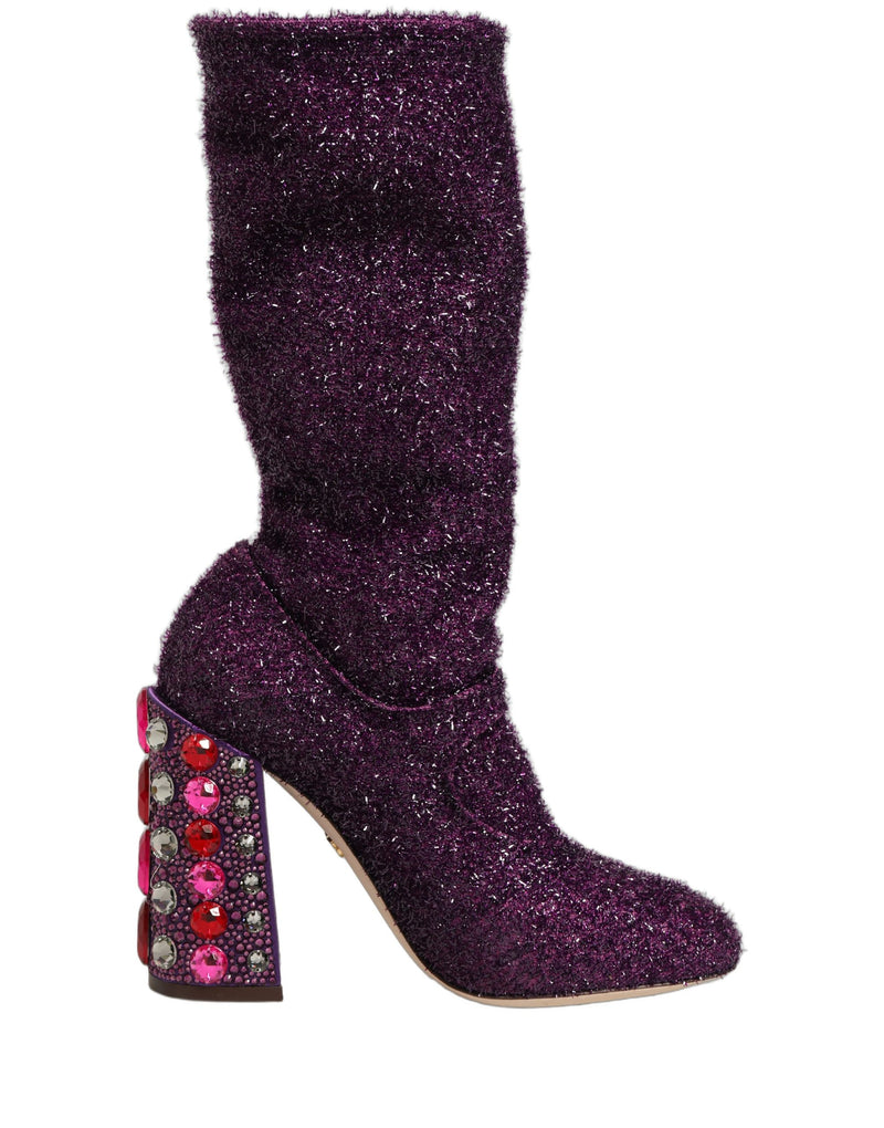 Botas altas Dolce & Gabbana de lúrex morado con cristales y estampado de fantasía