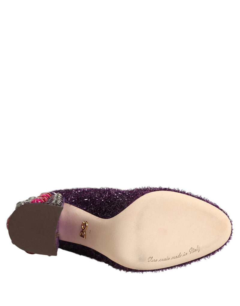 Botas altas Dolce & Gabbana de lúrex morado con cristales y estampado de fantasía