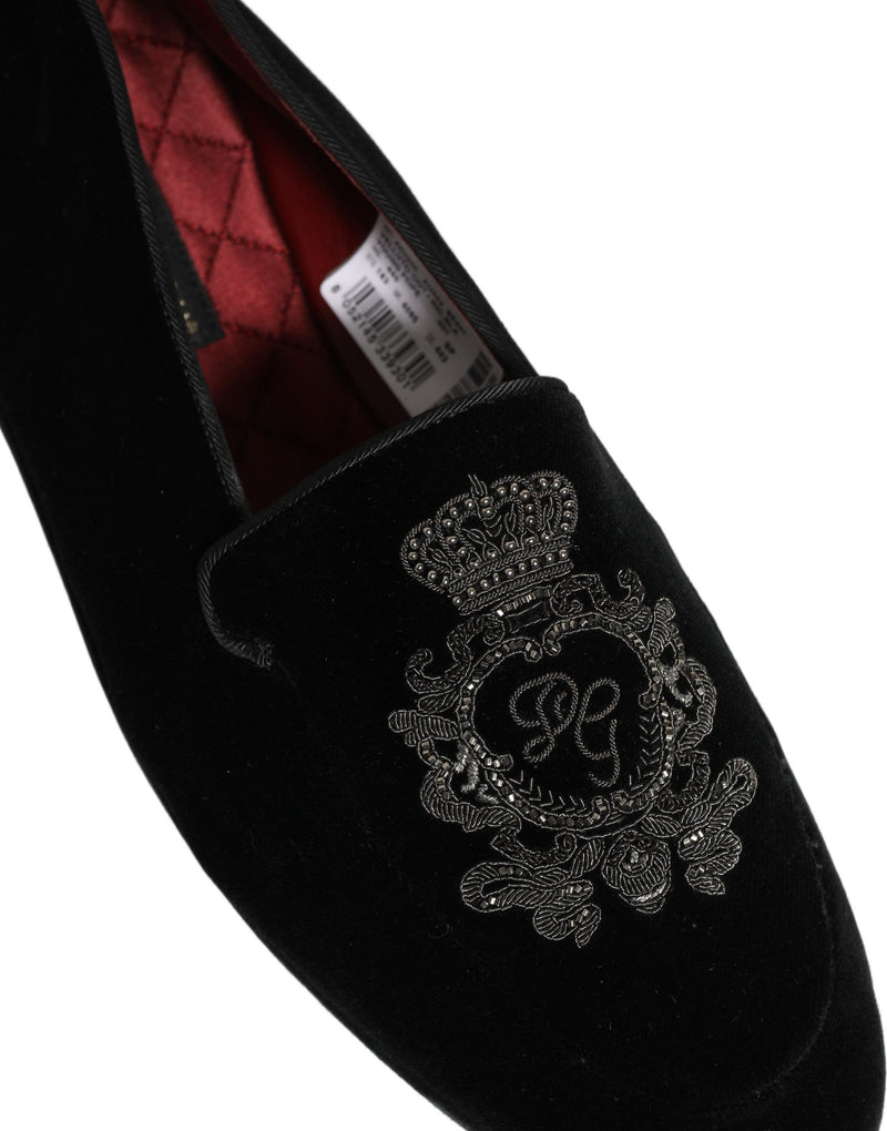 Mocassins en velours noir avec broderie couronne Dolce & Gabbana