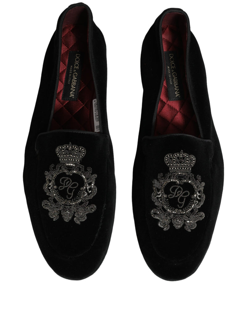 Mocassins en velours noir avec broderie couronne Dolce & Gabbana