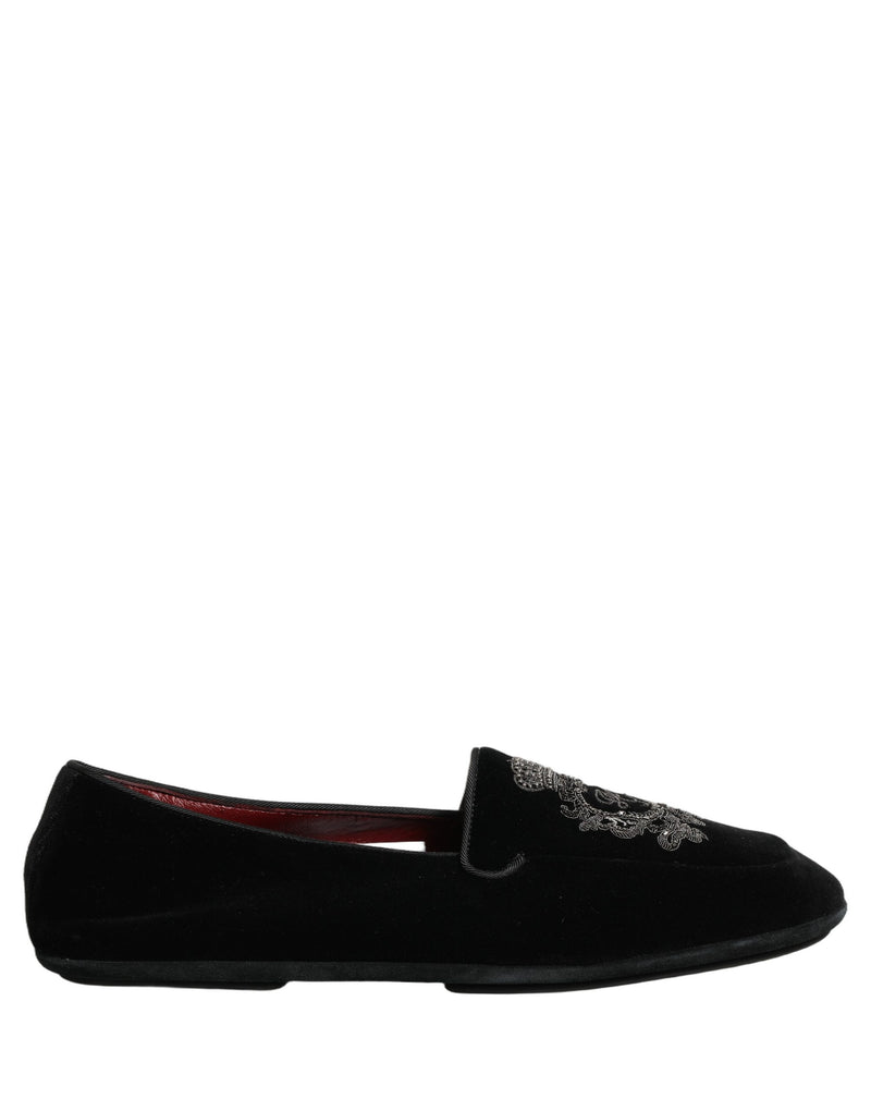 Mocassins en velours noir avec broderie couronne Dolce & Gabbana