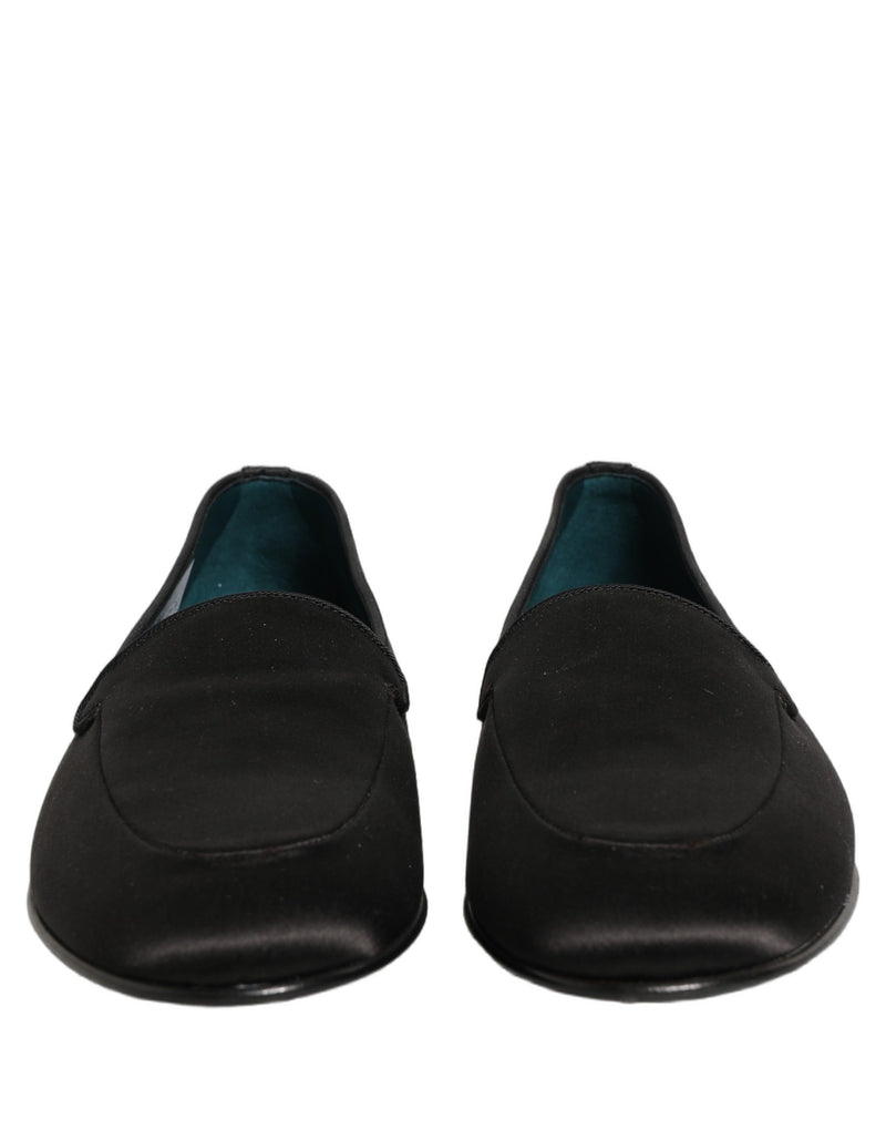 Dolce & Gabbana Black Satin Logo Slip On Flats Loafers Shoes