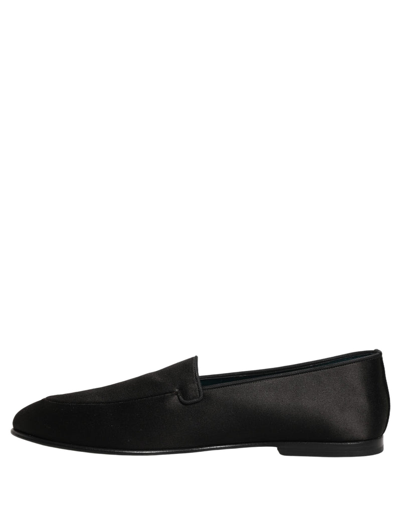 Dolce & Gabbana Black Satin Logo Slip On Flats Loafers Shoes