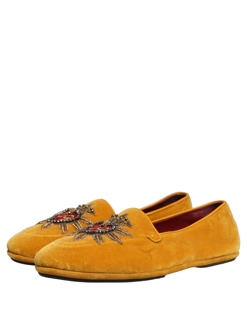 Mocassins plats Dolce & Gabbana en velours jaune avec cœur DG