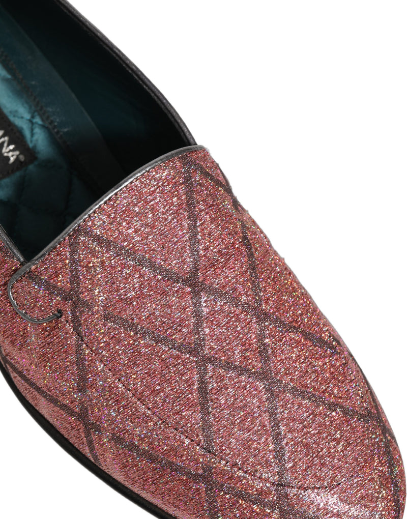 Mocassini in lurex glitterato a quadri rosa con logo Dolce & Gabbana