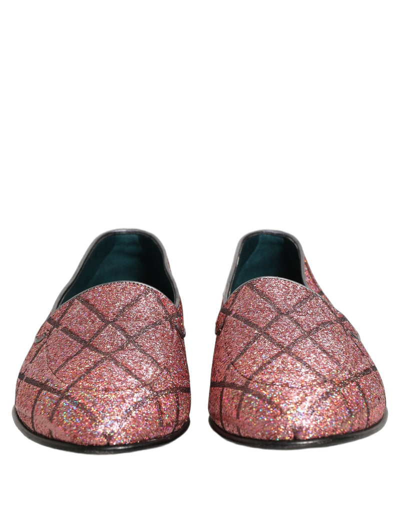 Mocassini in lurex glitterato a quadri rosa con logo Dolce & Gabbana