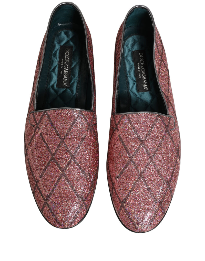 Mocassini in lurex glitterato a quadri rosa con logo Dolce & Gabbana