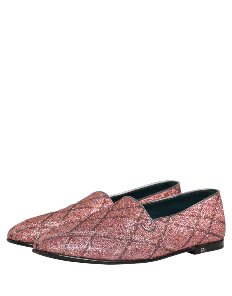 Mocassini in lurex glitterato a quadri rosa con logo Dolce & Gabbana