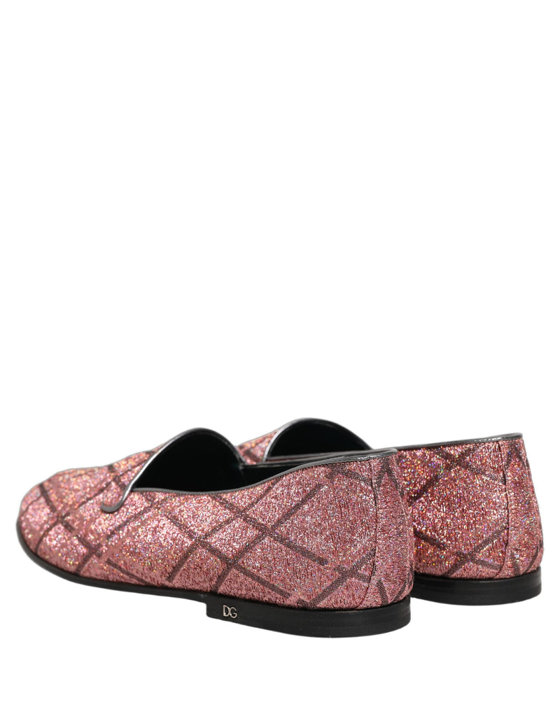 Mocassini in lurex glitterato a quadri rosa con logo Dolce & Gabbana