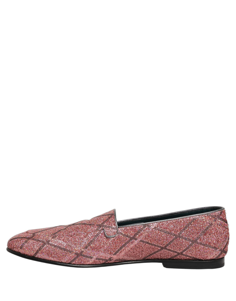 Mocassini in lurex glitterato a quadri rosa con logo Dolce & Gabbana