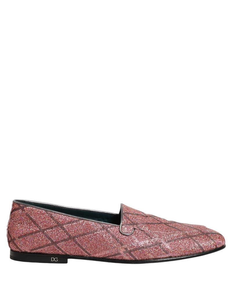 Mocassini in lurex glitterato a quadri rosa con logo Dolce & Gabbana