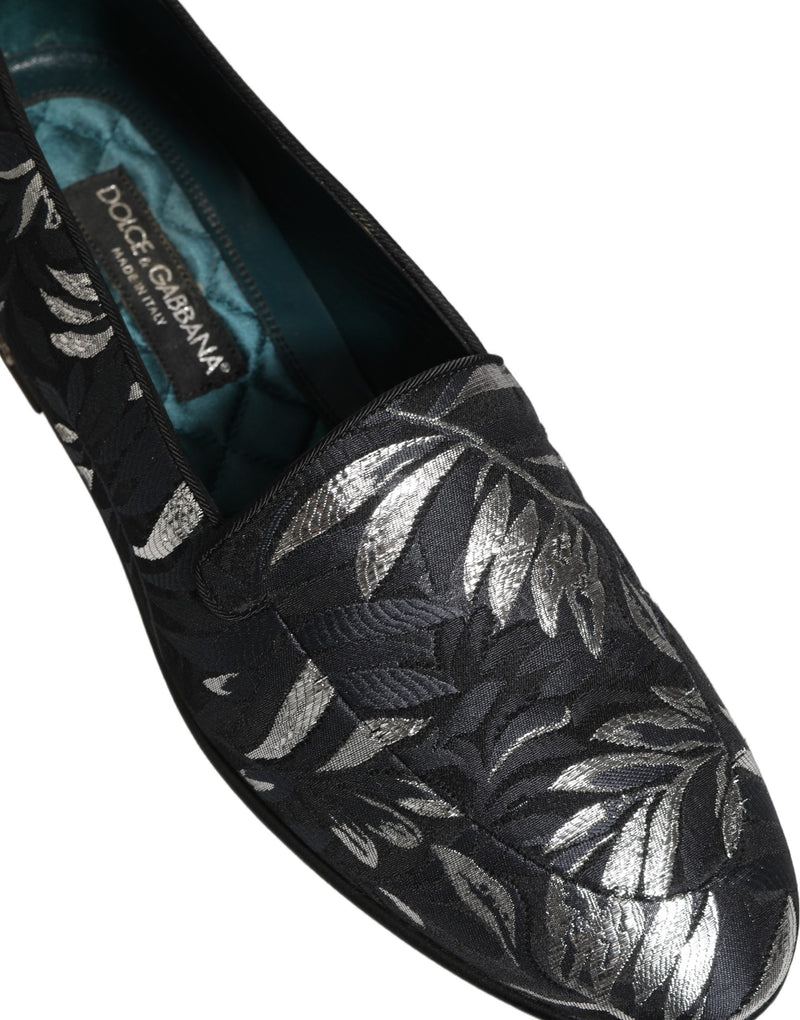 Sapatos sociais tipo loafer Dolce & Gabbana masculinos pretos com bordado de folhas