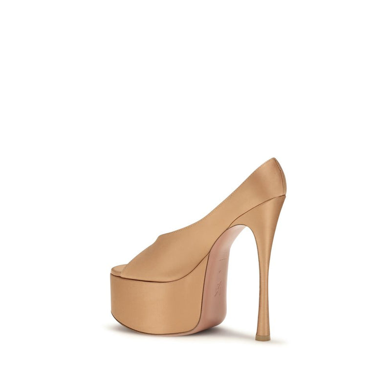 Amina Muaddi Beige Silk Platform Pumps