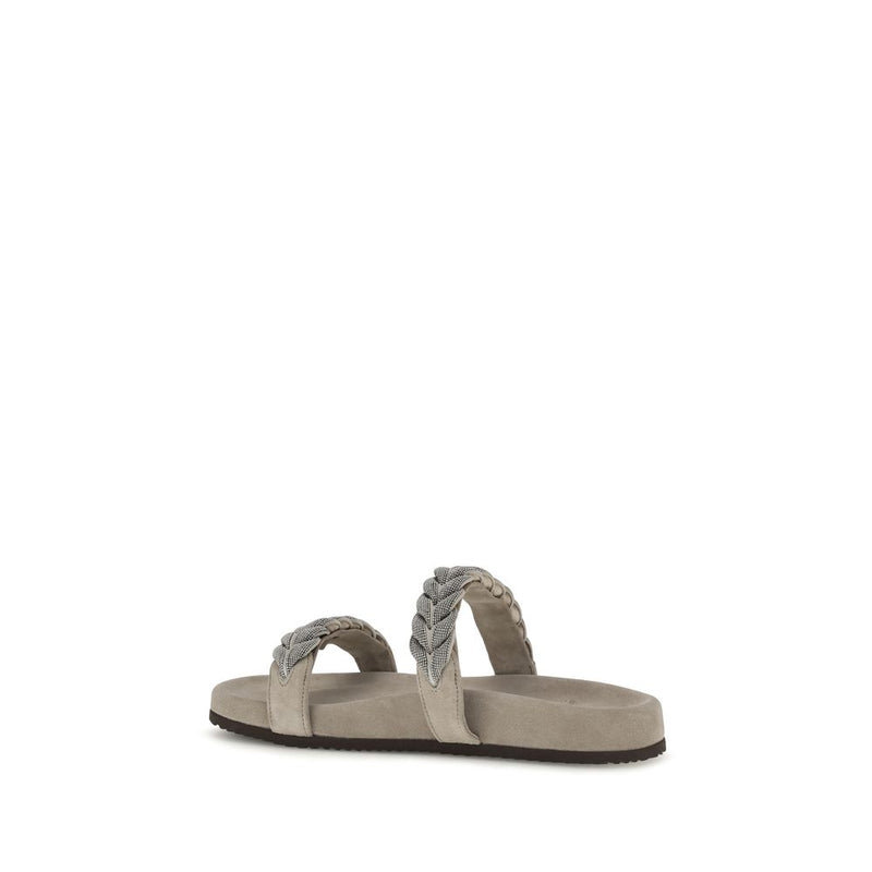Brunello Cucinelli Gray Calf Leather Bos Taurus Flat Sandals