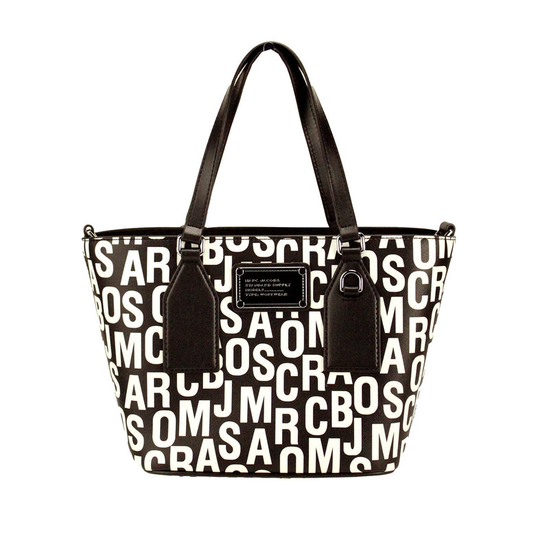 Bolso tote bandolera pequeño de piel Saffiano negra con estampado de monograma blanco de Marc Jacobs