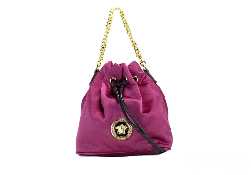 Petit sac seau bandoulière en nylon Medusa à chaîne avec pendentif Dahlia Versace