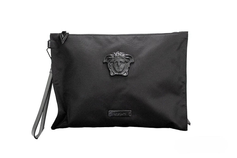 Versace pochette convertibile grande in nylon nero con Medusa, da polso