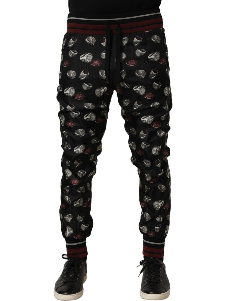 Dolce & Gabbana Pants Black Ring Print Silk Jogging Trousers