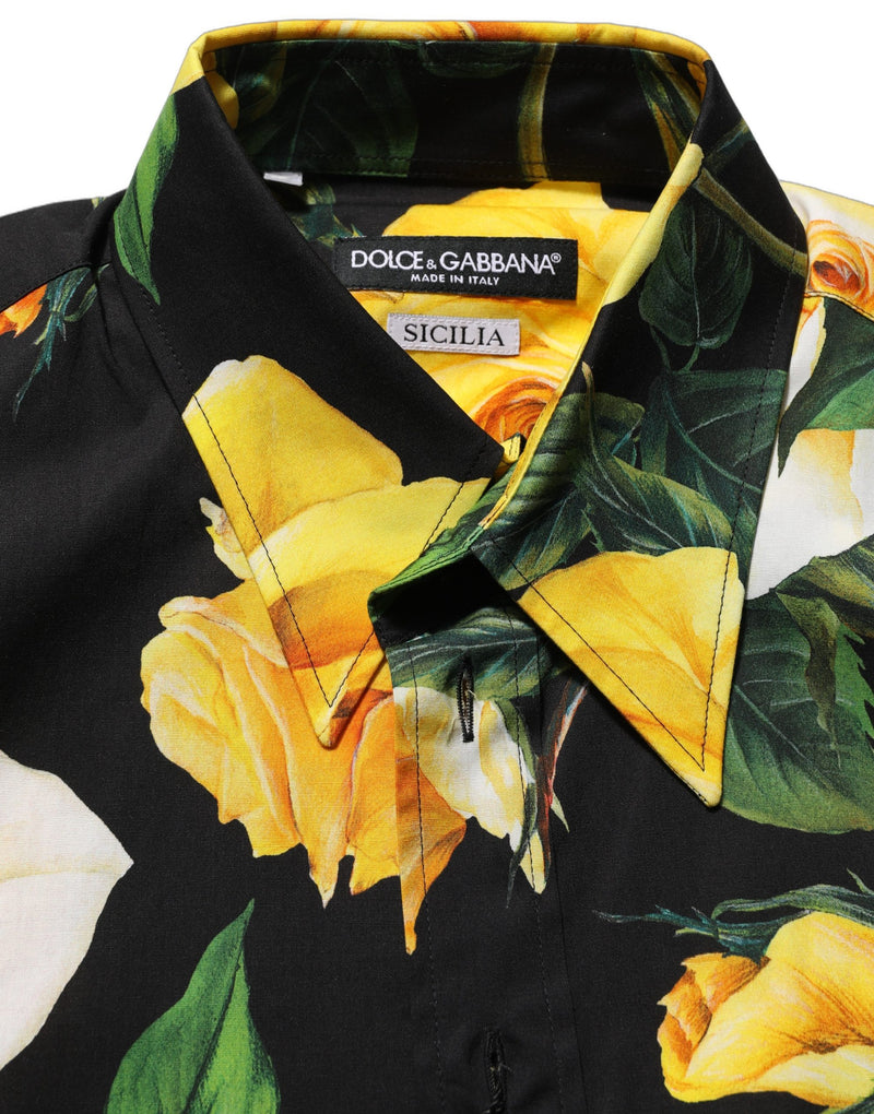 Camisa social de algodão elástico com estampa floral preta SICILIA Fit Dolce & Gabbana